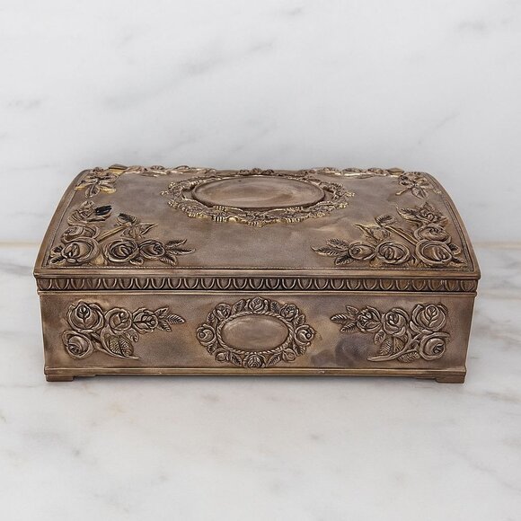 Vintage Godinger Silver Plate Jewelry Box with Roses and Red Velvet Interior - Picture 1 of 11